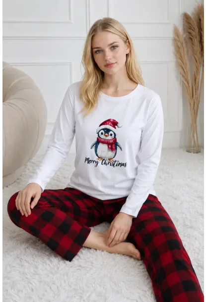 Penguen Baskılı Uzun Kollu Kadın Pijama Takımı