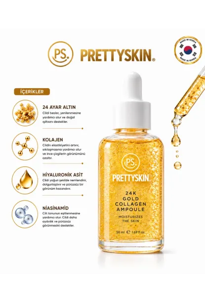 PS PRETTYSKIN 24K Gold Collagen Ampoule 50 ml | Altın ve Kolajen İçerikli Sıkılaştırıcı Yüz Serumu