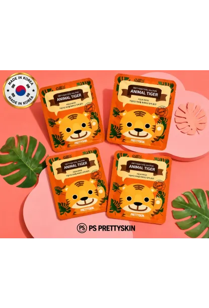 PS PRETTYSKIN Animal Tiger Aqua Mask 25gr | Nemlendirici Kaplan Desenli Kağıt Yüz Maskesi 4lü Set