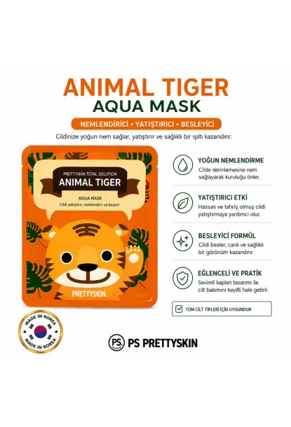 PS PRETTYSKIN Animal Tiger Aqua Mask 25gr | Nemlendirici Kaplan Desenli Kağıt Yüz Maskesi 4lü Set