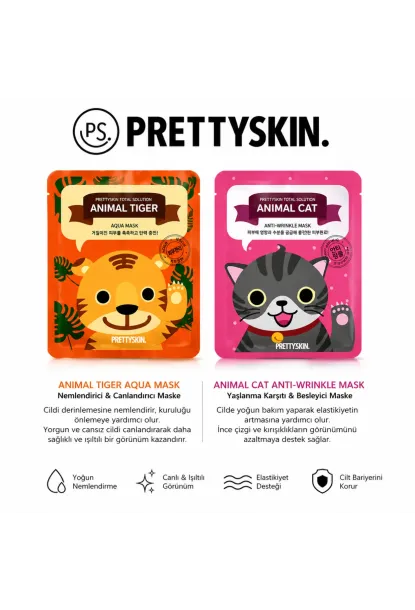 PS PRETTYSKIN Animal Tiger Aqua Mask & Animal Cat Anti-Wrinkle Mask 6lı Set 25g