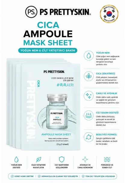 PS PRETTYSKIN Cica Ampoule Mask Sheet 23g | Cilt Yatıştırıcı Nemlendirici Kağıt Yüz Maskesi 5li Set