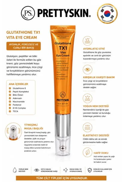 PS PRETTYSKIN Glutathione TX1 Vita Eye Cream 20 g | Soğutucu Titreşimli Aplikatör Aydınlatıcı ve Kırışıklık Karşıtı Göz Çevresi Kremi