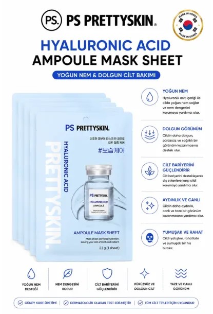 PS PRETTYSKIN Hyaluronic Acid Ampoule Mask Sheet 23g | Yoğun Nemlendirici Kağıt Yüz Maskesi 5li Set