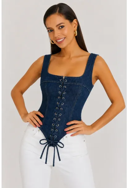 Retro Denim Bağcıklı Korse – Lacivert