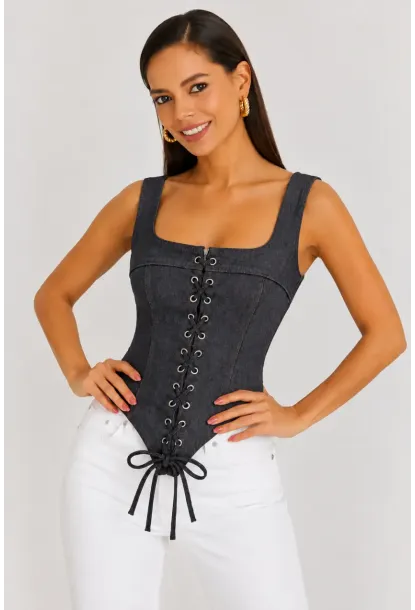 Retro Denim Bağcıklı Korse – Lacivert