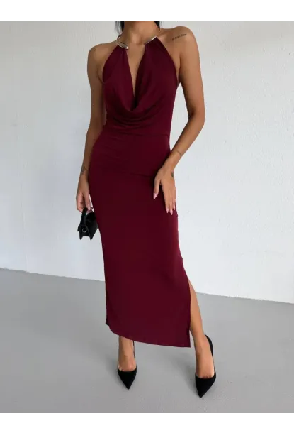 Sandy Kumaş Yaka Detay Elbise Bordo