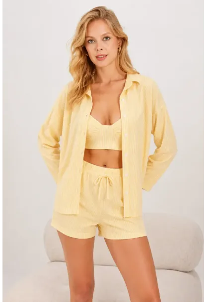 Sarı 3lü Bralı Çizgili Örme Pijama Takımı