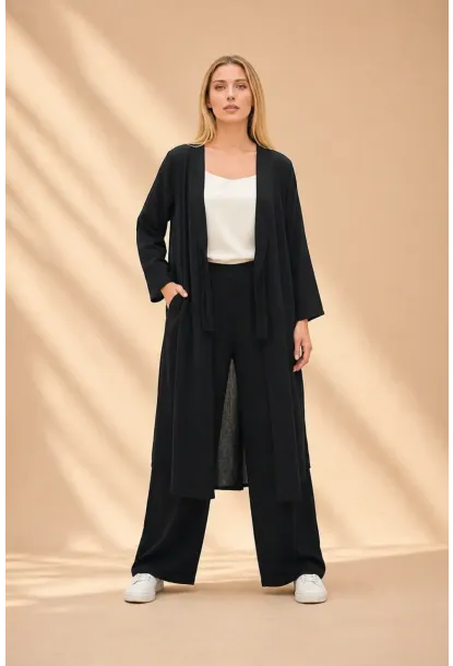 Siyah Bağlamalı Kimono Keten Takım