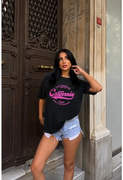 Siyah California Baskılı Oversize Kadın T-Shirt