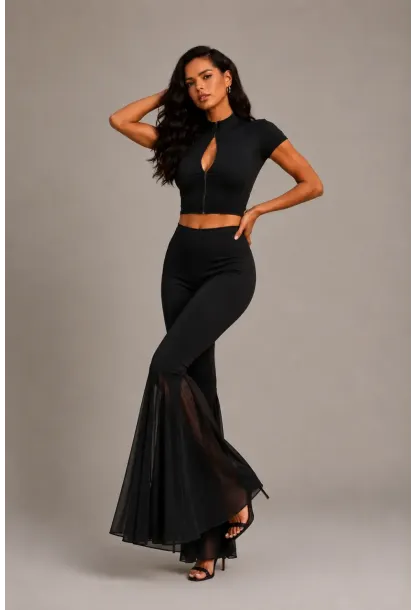 Siyah Crop Top & İspanyol Paça Pantolon Kadın 2li Takım
