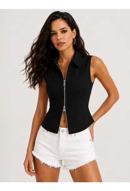 Siyah Fermuarlı Slim Fit Kadın Gömlek