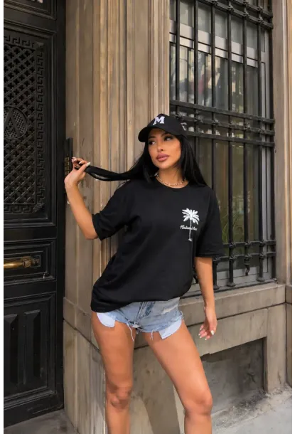Siyah Palmiye Baskılı Oversize Penye T-Shirt – “Natural Tree” Yazılı Çift Taraflı Tasarım