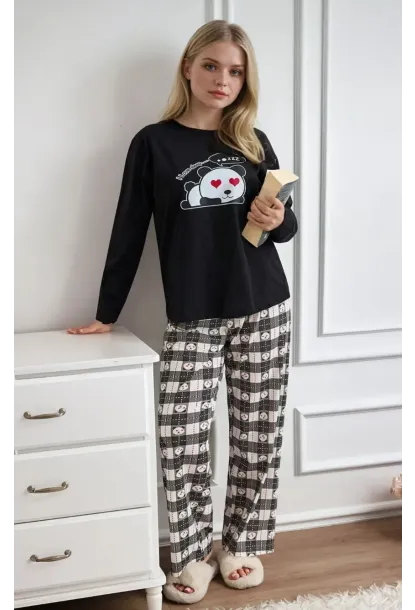Siyah Panda Baskılı Uzun Kollu Pijama Takımı
