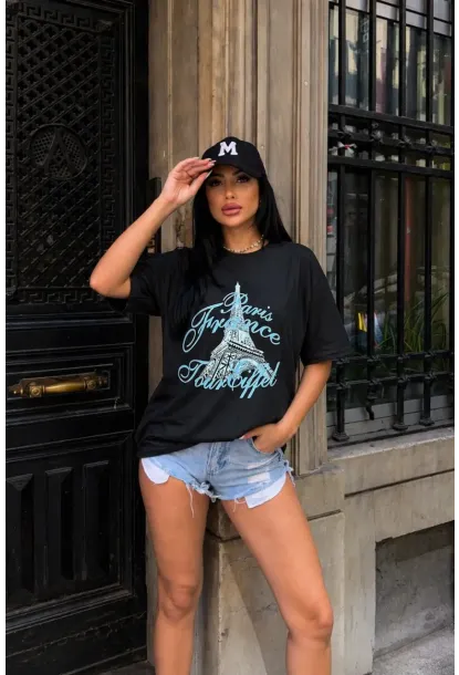 Siyah Paris France Eiffel Baskılı Oversize Penye T-Shirt – Şık ve Modern Tasarım