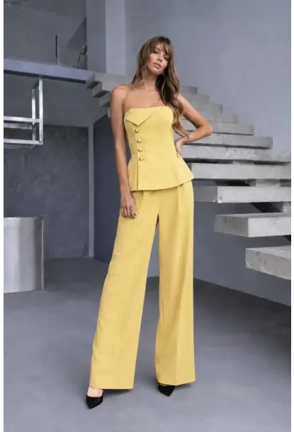 Straplez Bluz ve Pantolon Alt Üst Takım Sarı