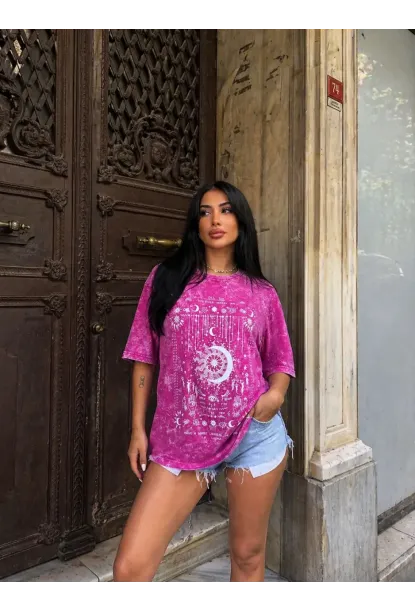 Vintage Yıkamalı Pembe Astroloji & Ay Baskılı Oversize T-Shirt