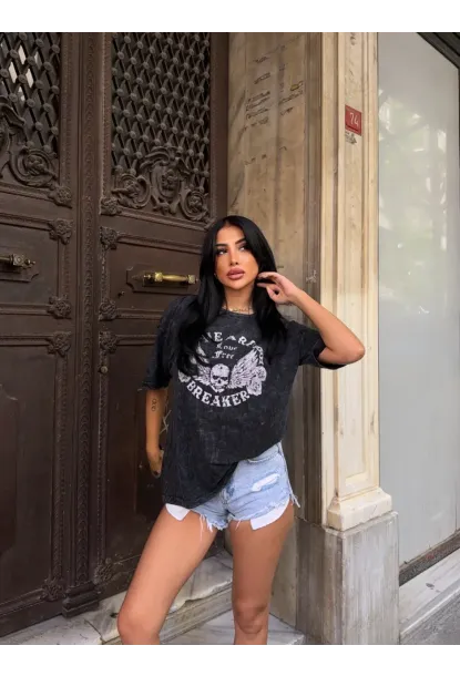 Yıkamalı Heart Baskılı T-Shirt
