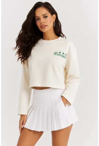 Yıldız Baskılı Crop Sweatshirt - Krem