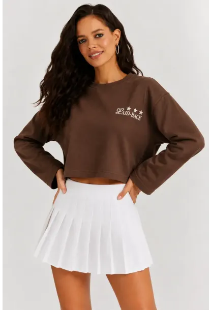 Yıldız Baskılı Crop Sweatshirt - Kahverengi