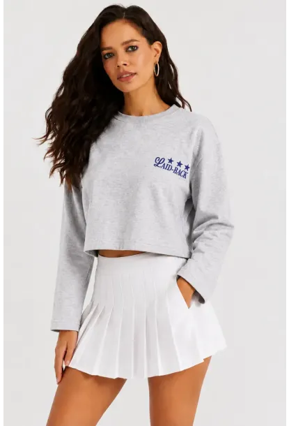 Yıldız Baskılı Crop Sweatshirt - Gri