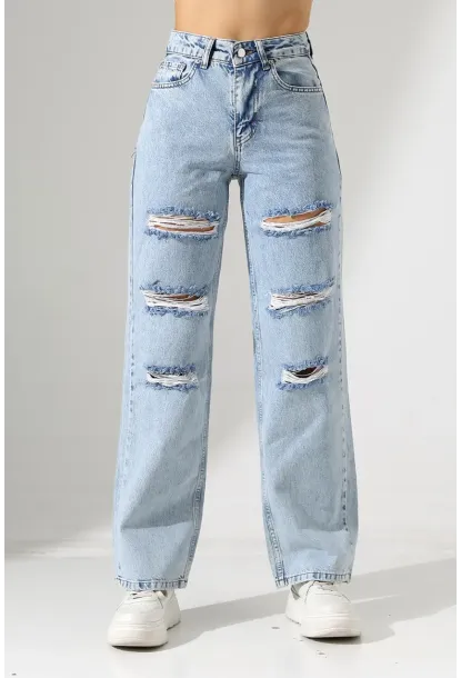 Yüksek Bel Yırtık Detaylı Mom Jean