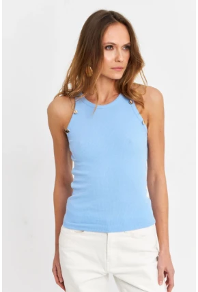 Kadın Açık-Mavi Düğme Detaylı Kolsuz Kaşkorse Bluz TF55