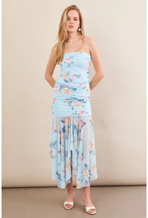 Kadın Bebe Mavi Drapeli Straplez Midi Tül Elbise ERL101