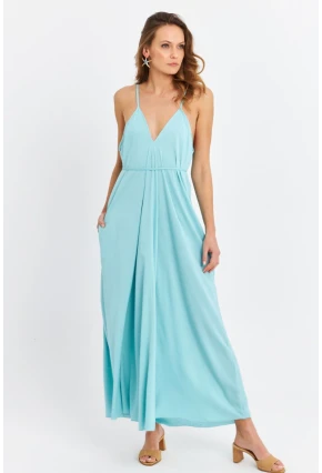 Kadın Bebe Mavi Ön Arka V Cepli Salaş Midi Elbise PC10758