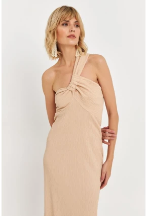 Kadın Bej Asimetrik Yaka Maxi Elbise NH25455