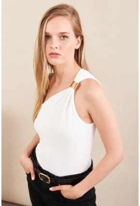 Kadın Beyaz Asimetrik Aksesuarlı Bluz FRY2311