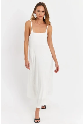 Kadın Beyaz Askılı Bürümcük Midi Elbise EY3057