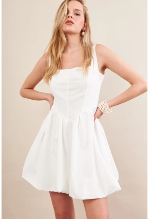 Kadın Beyaz Askılı Mini Balon Elbise ERL105