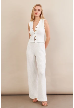 Kadın Beyaz Gofre Yelek Pantalon Takım FLU330