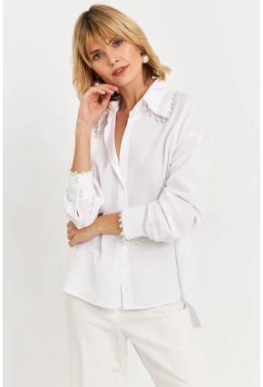 Kadın Beyaz İnci Detaylı Gömlek KED4162