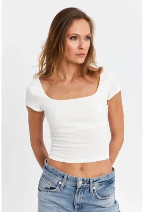 Kadın Beyaz Kare Yaka Crop Bluz SB108