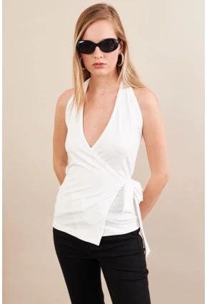 Kadın Beyaz Kruvaze Bağlamalı Bluz EY3095