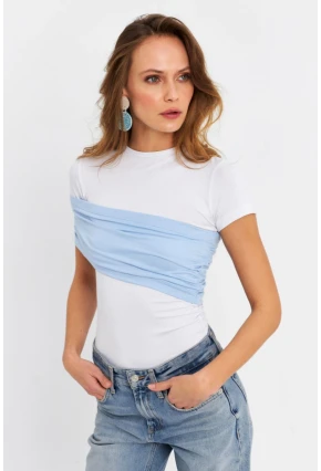 Kadın Beyaz-Mavi Çapraz Bloklu Bluz EY3073