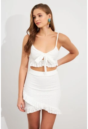 Kadın Beyaz Önü Bağlamalı Mini Etekli Takım LİT1088
