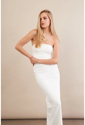 Kadın Beyaz Straplez Büzgülü Midi Elbise MX2005