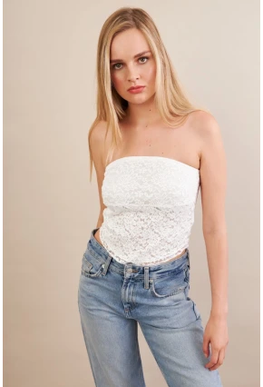 Kadın Beyaz Straplez Dantel Bluz ZH125