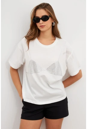 Kadın Beyaz Straslı Oversize T-Shirt TPG13