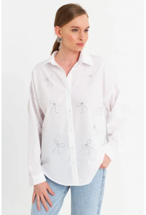Kadın Beyaz Taşlı Gömlek MZER426