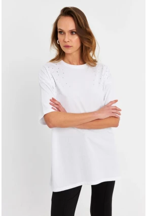 Kadın Beyaz Taşlı Salaş T-Shirt MTF0002