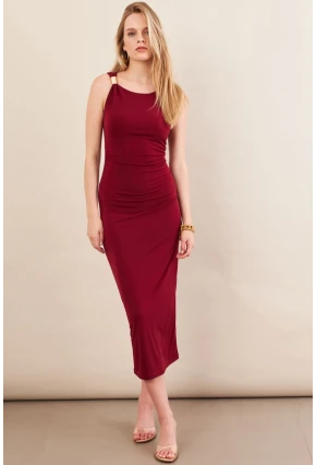 Kadın Bordo Aksesuarlı Büzgülü Midi Elbise İRE102