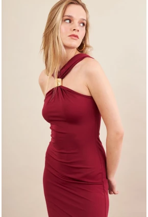 Kadın Bordo Aksesuarlı Midi Elbise İRE101