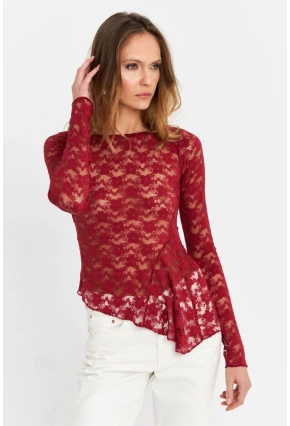 Kadın Bordo Asimetrik Dantel Bluz MTK13288