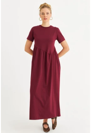 Kadın Bordo Asimetrik Dikişli Maxi Elbise MDMR440