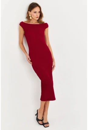 Kadın Bordo Asimetrik Yaka Gofre Midi Elbise MOD2358
