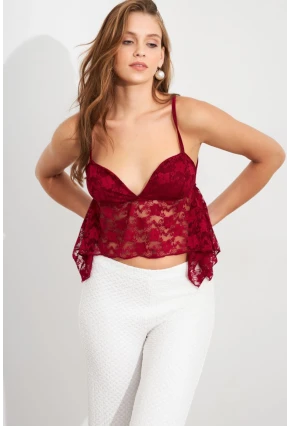 Kadın Bordo Askılı Dantel Crop Bluz MTK13458
